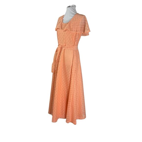 Vintage 1970s Peach Eyelet Flutter Sleeve Maxi Formal Dress M - Picture 3 of 7